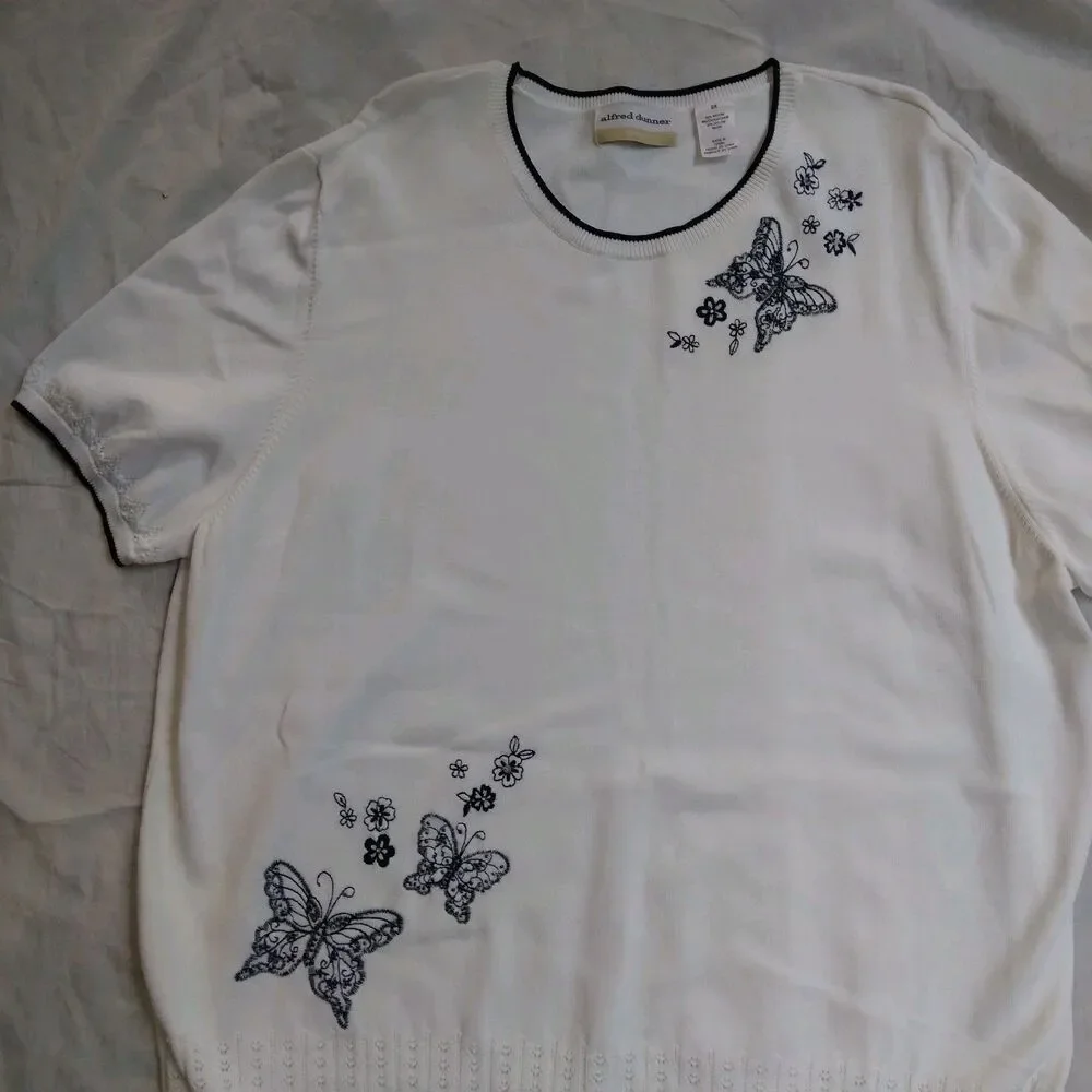 Alfred Dunner White Sweater Embroidered Butterfly Cottagecore Grandmacore 2X